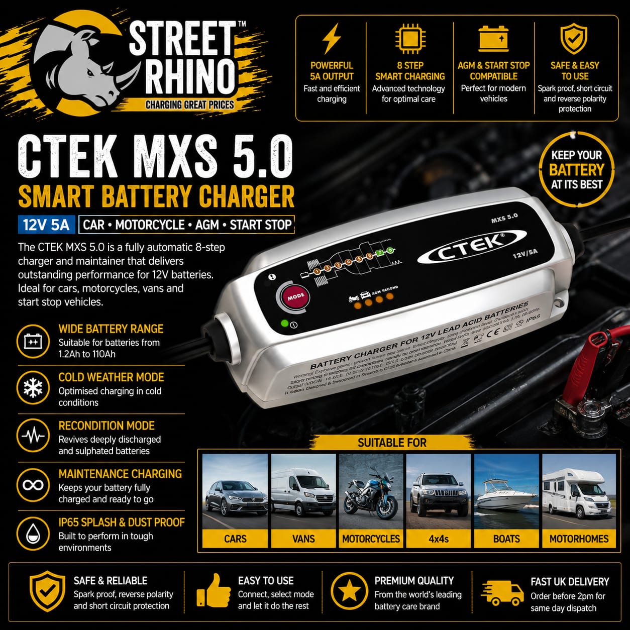 CTEK MXS 5.0 Smart Battery Charger 12V Car Motorcycle AGM Start Stop 5A