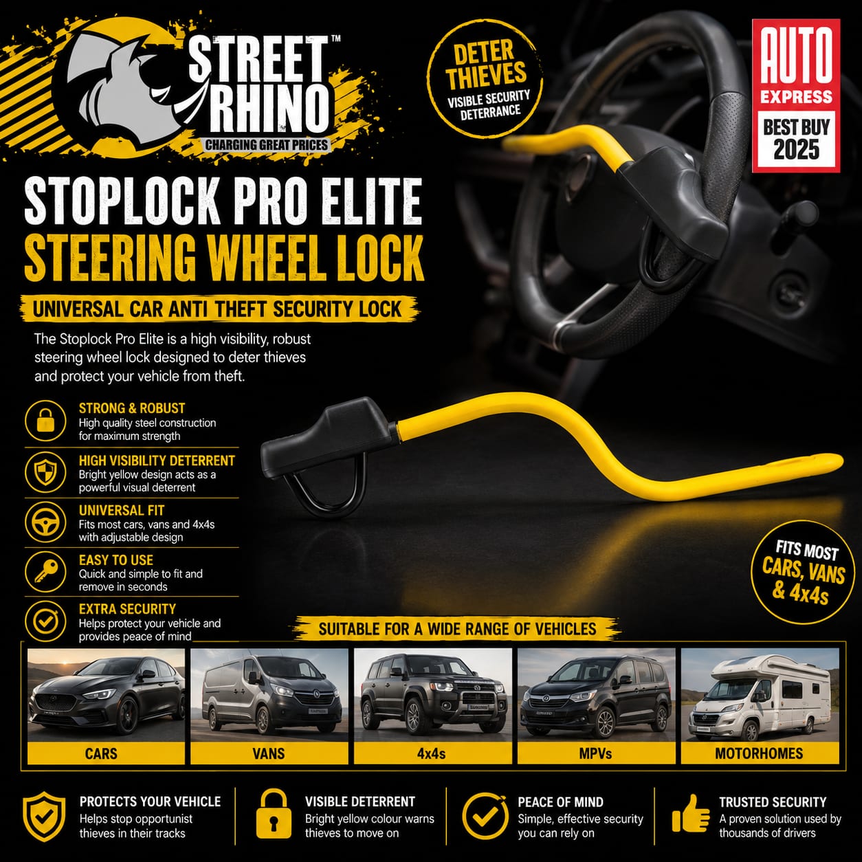 Stoplock Pro Elite Steering Wheel Lock Universal Car Anti Theft Security Lock